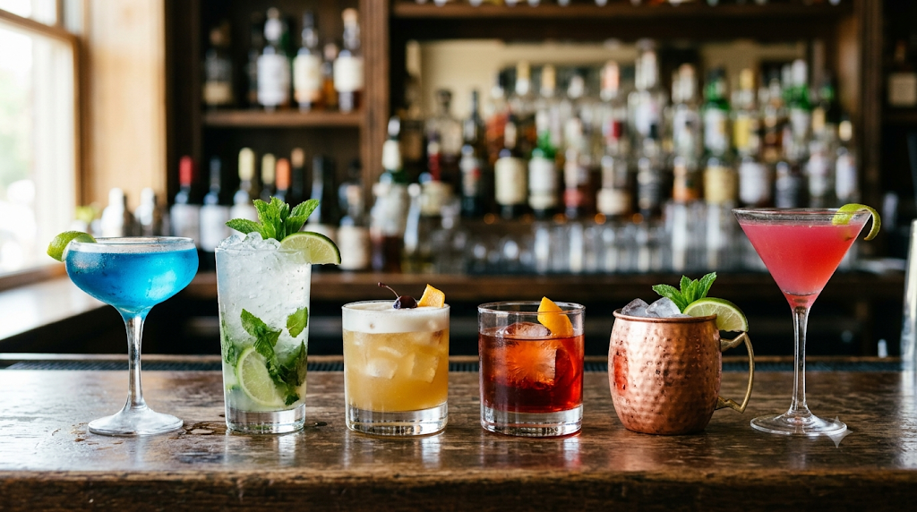 A colourful range of custom cocktails in varied crystal glassware with fresh garnishes