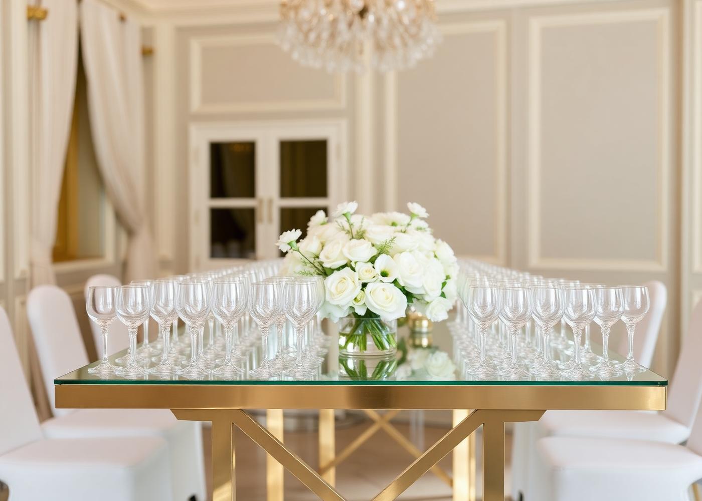 Elegant wedding bar setup with rows of crystal glassware and white florals